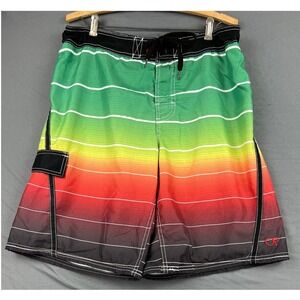 OP Board Shorts Mens Medium 32-34 Multicolor Rasta Stripe Swim Trunks Good